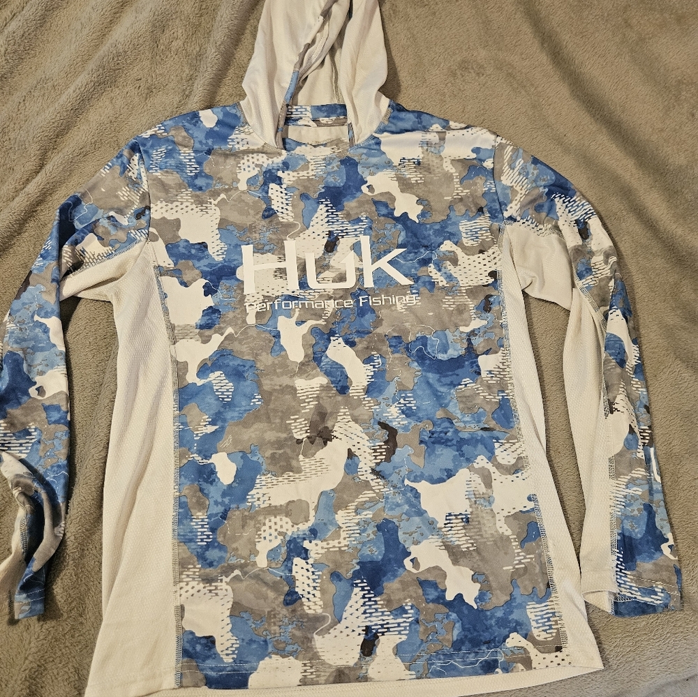 HUK Icon X KC Refraction Blue Camo Hooded Long Sleeve Size Small A12